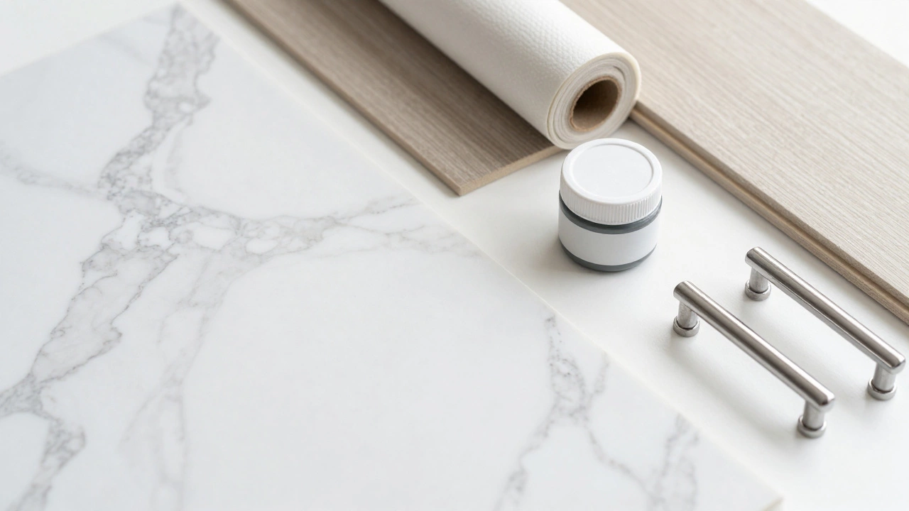 Samples of affordable porcelain tiles and laminate countertops