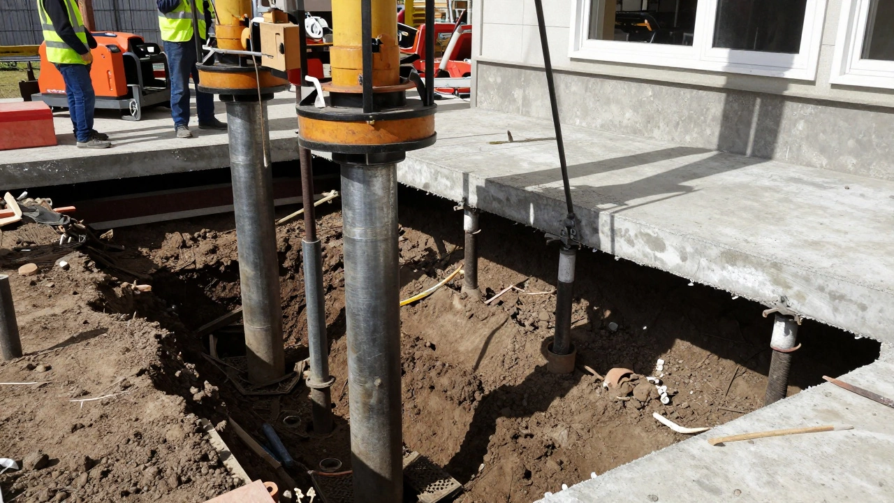 Steel piers being installed under house foundation for repair