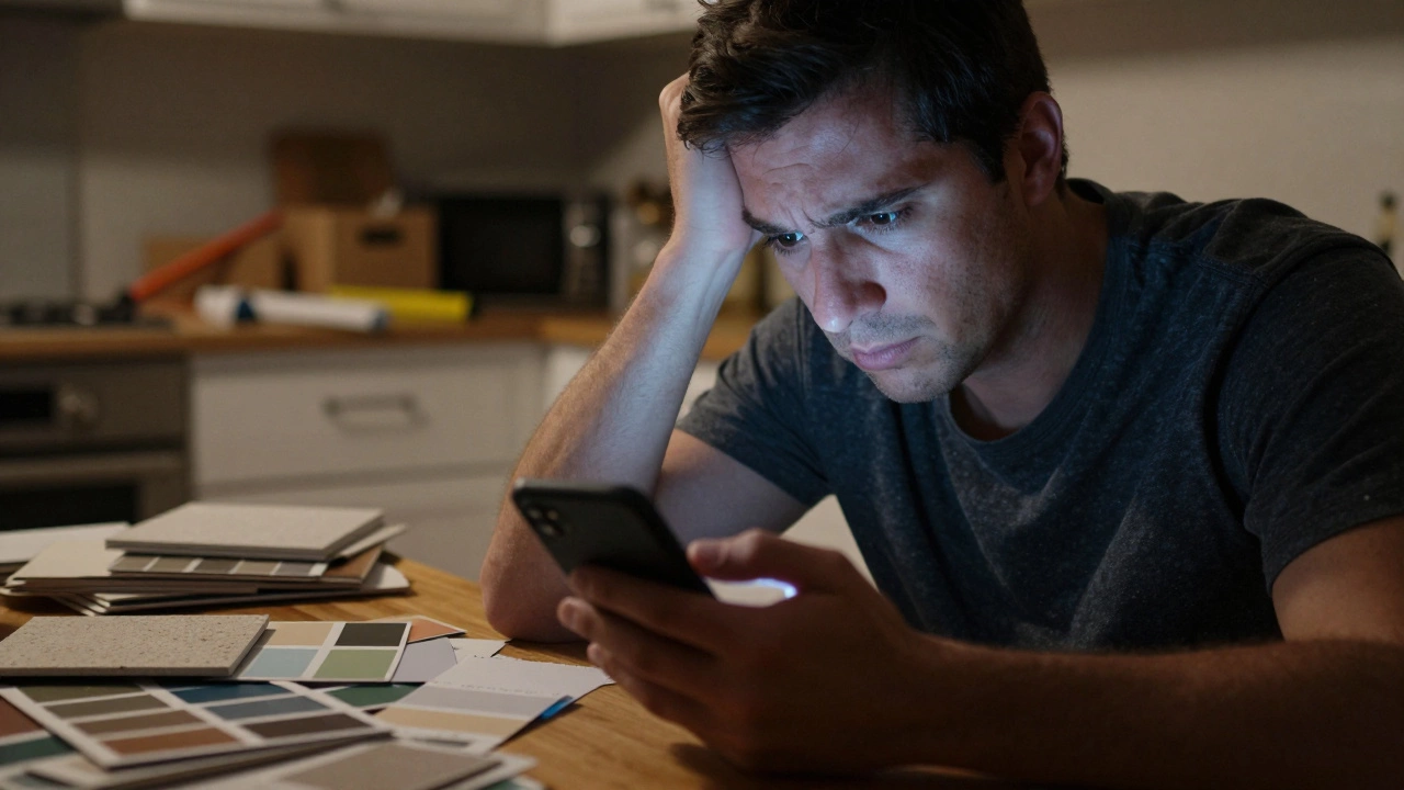 Stressed homeowner choosing materials at night with phone light
