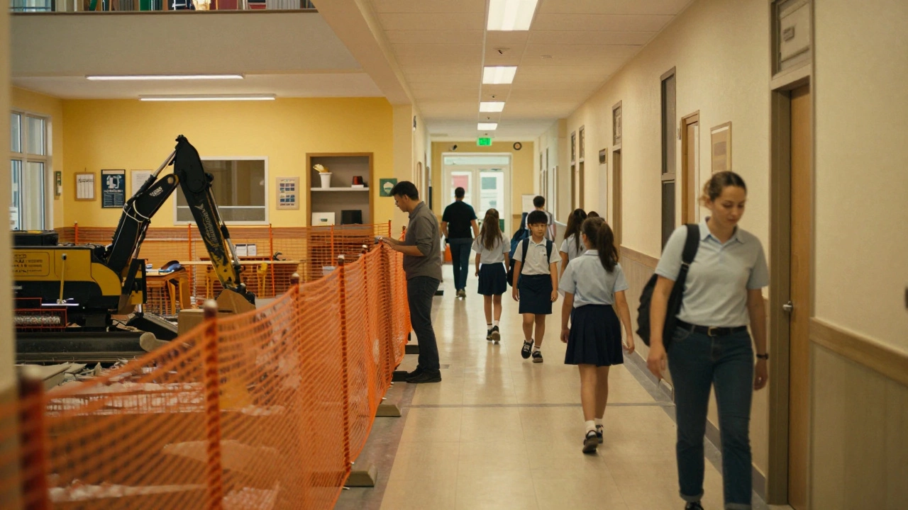 Students walking safely past a construction zone in a school hallway
