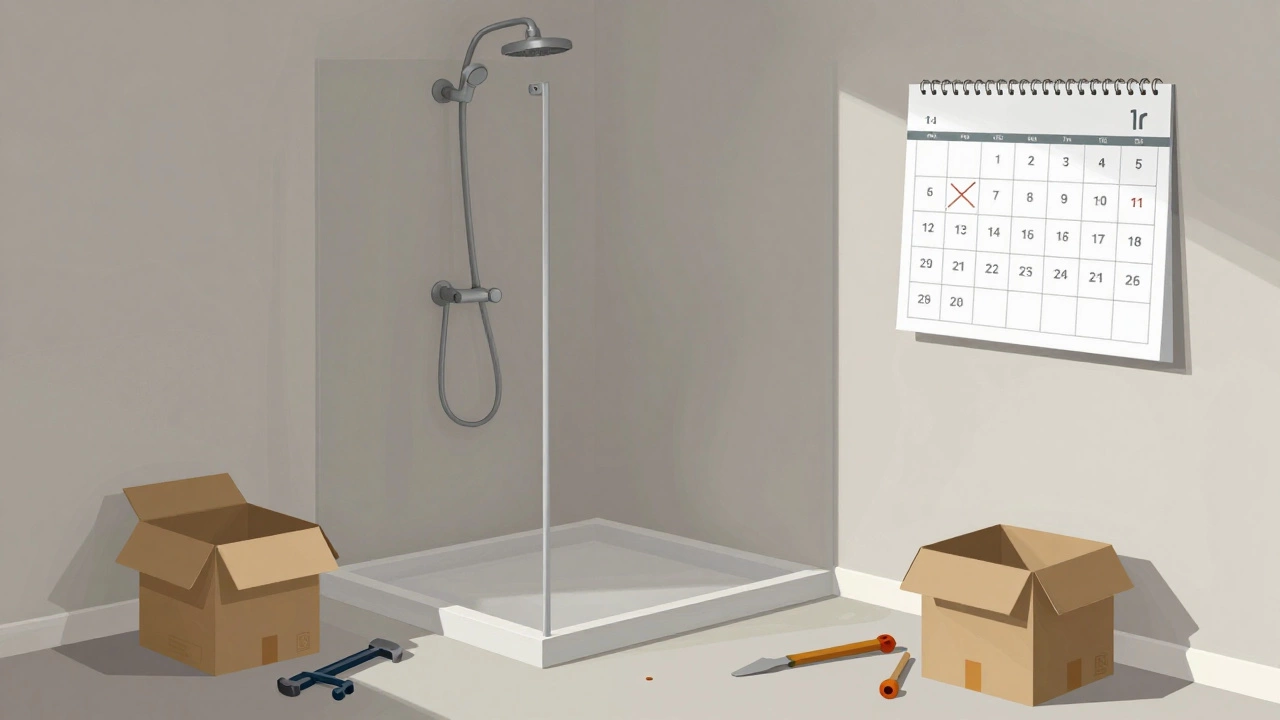 Unfinished bathroom shower area with scattered tools and empty boxes indicating delays