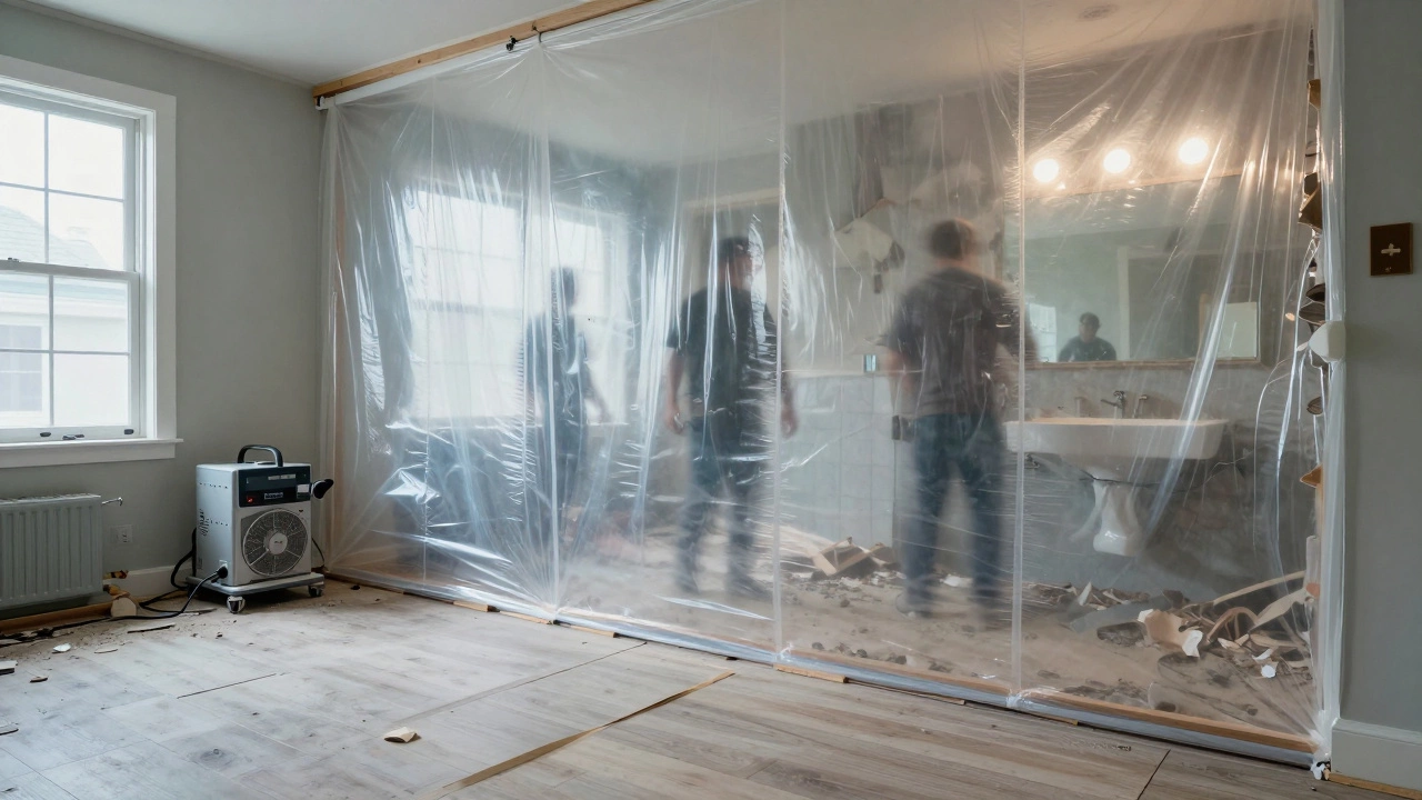 Zip-wall barriers separating a dusty bathroom renovation zone from the rest of the home