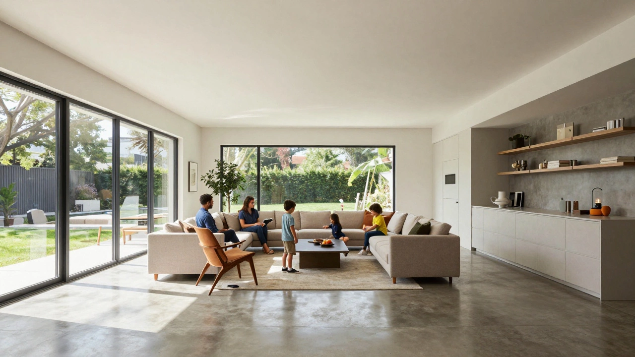 Bright, spacious custom open-plan living room in a new home