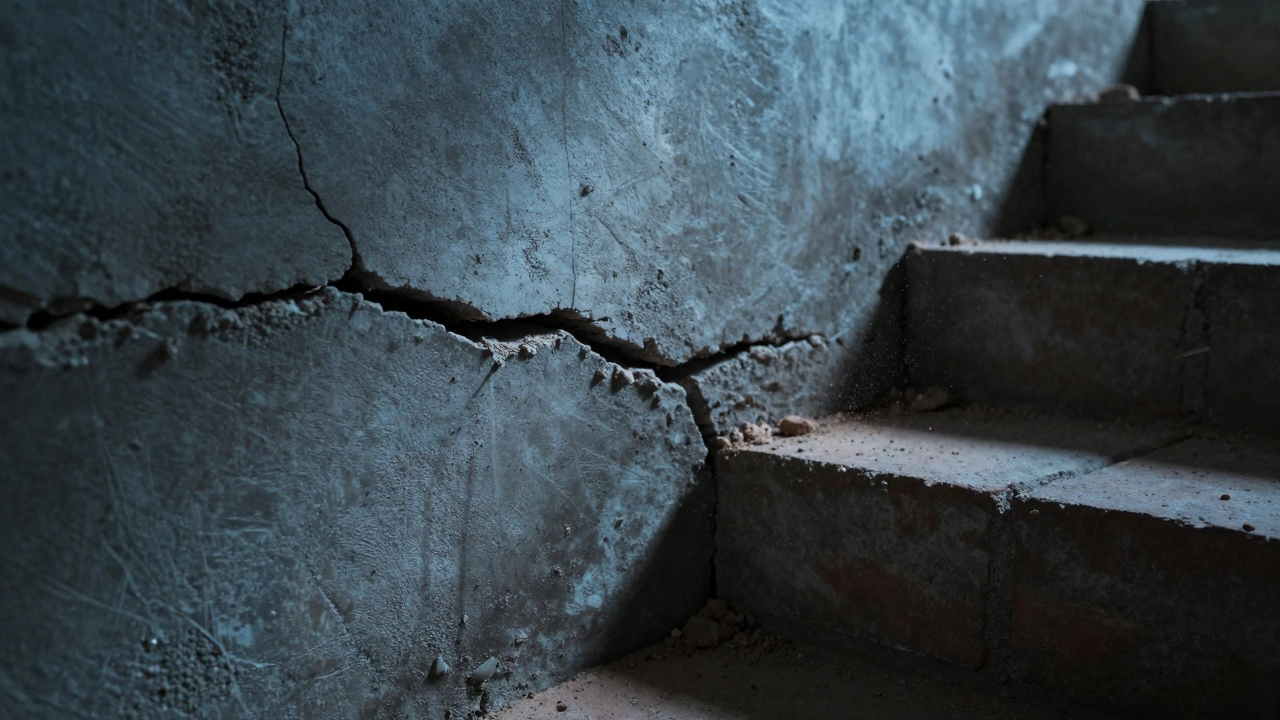 Close-up of horizontal and stair-step cracks in basement walls