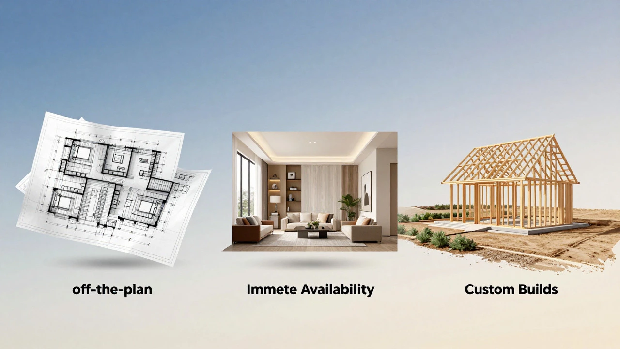 Conceptual art showing off-plan, show home, and custom build options