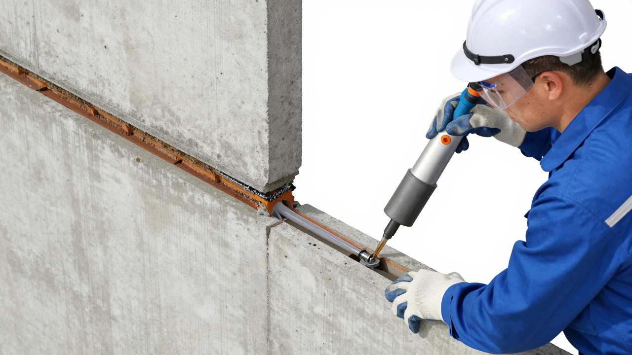 Contractor injecting epoxy resin into a concrete foundation crack