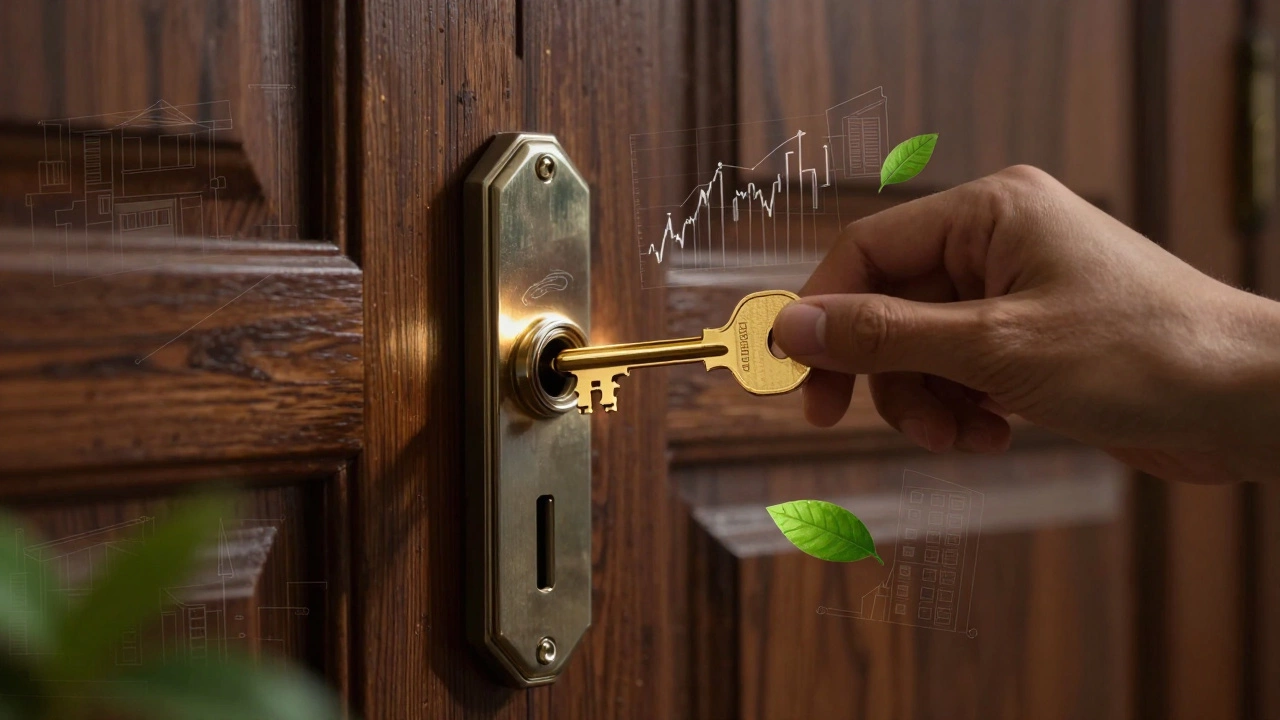 Golden key in lock symbolizing construction wealth and equity