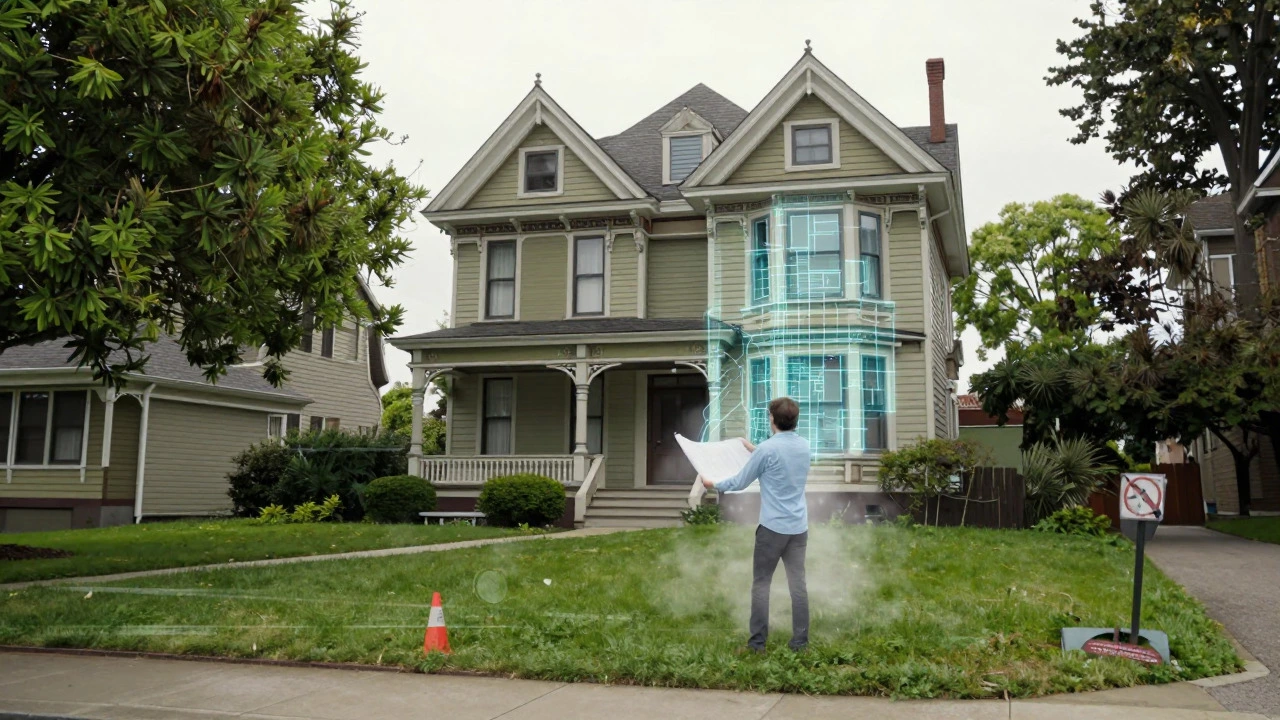 Historic house with glowing zoning grids and dissolving blueprints, illustrating planning challenges.