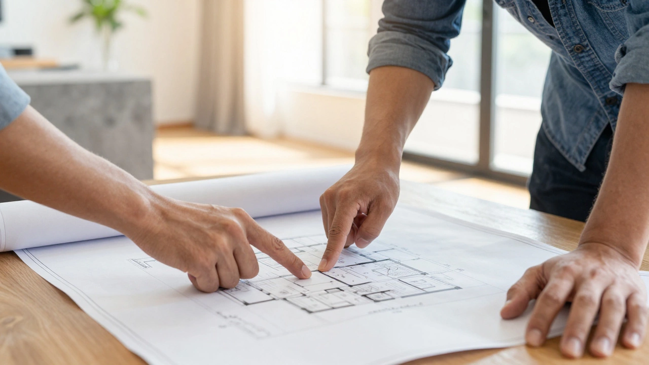 Homeowner and builder reviewing house plans together
