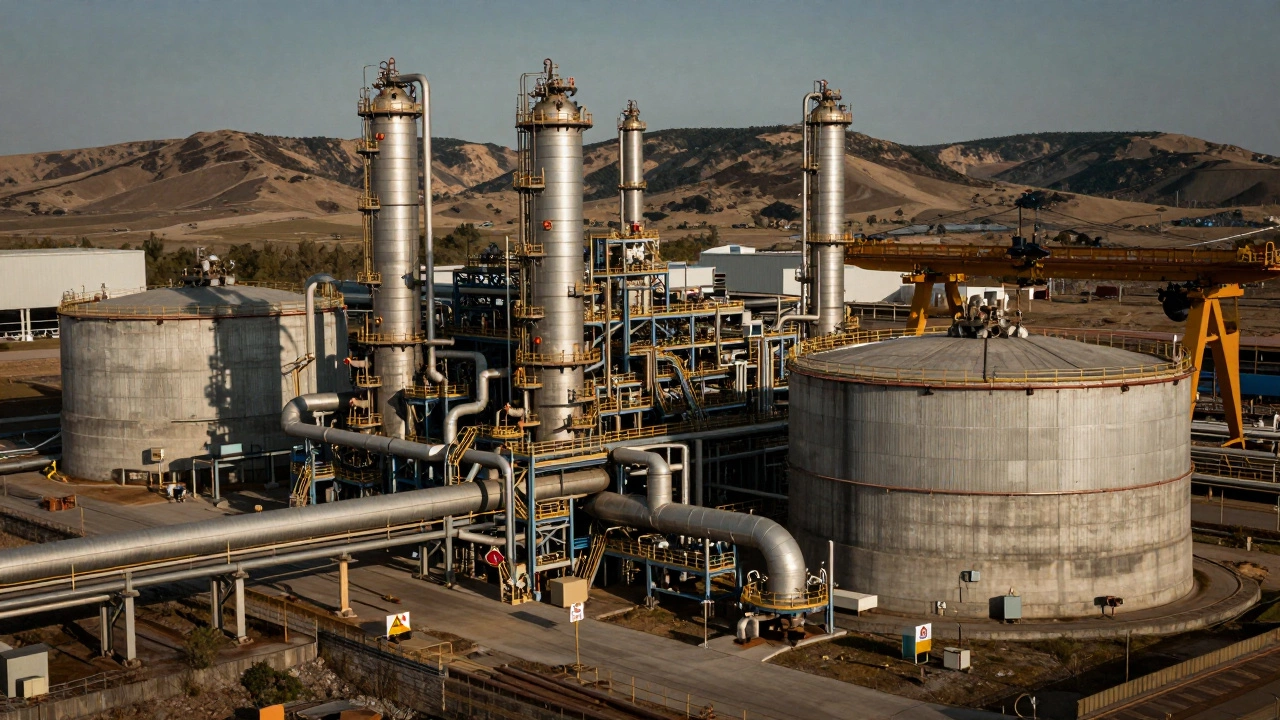 Large-scale industrial plant with steel pipes and concrete structures.