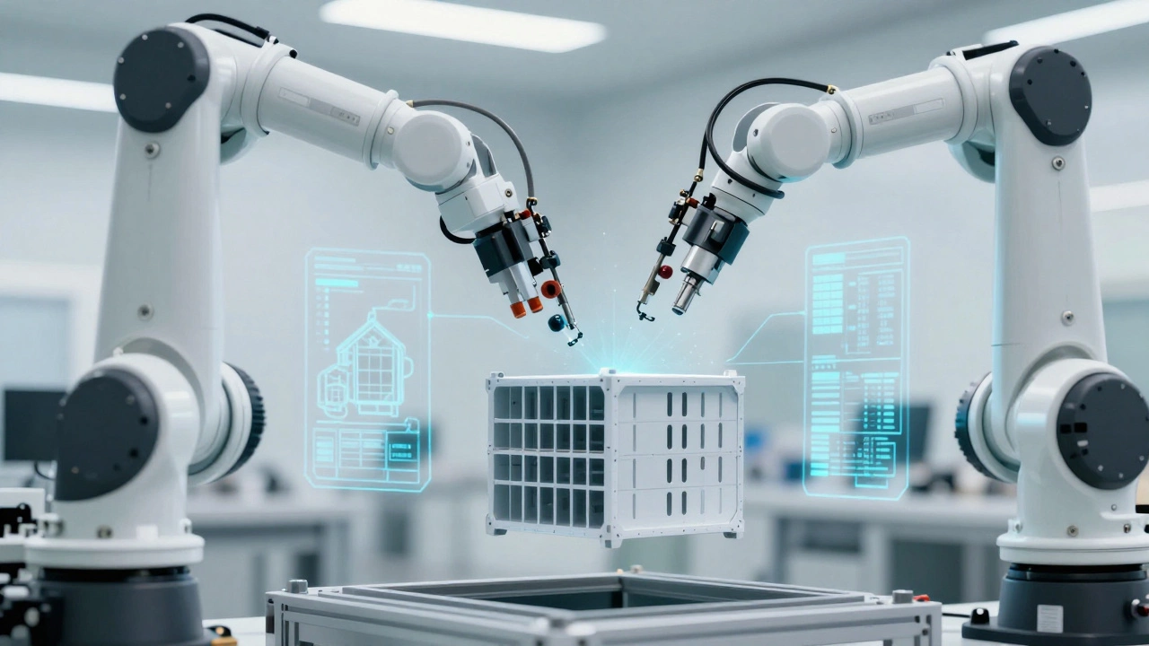 Robotic arms assembling modular building parts in a high-tech factory