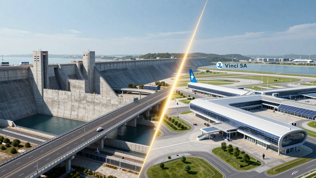 Split illustration of heavy infrastructure and service facilities connected by light