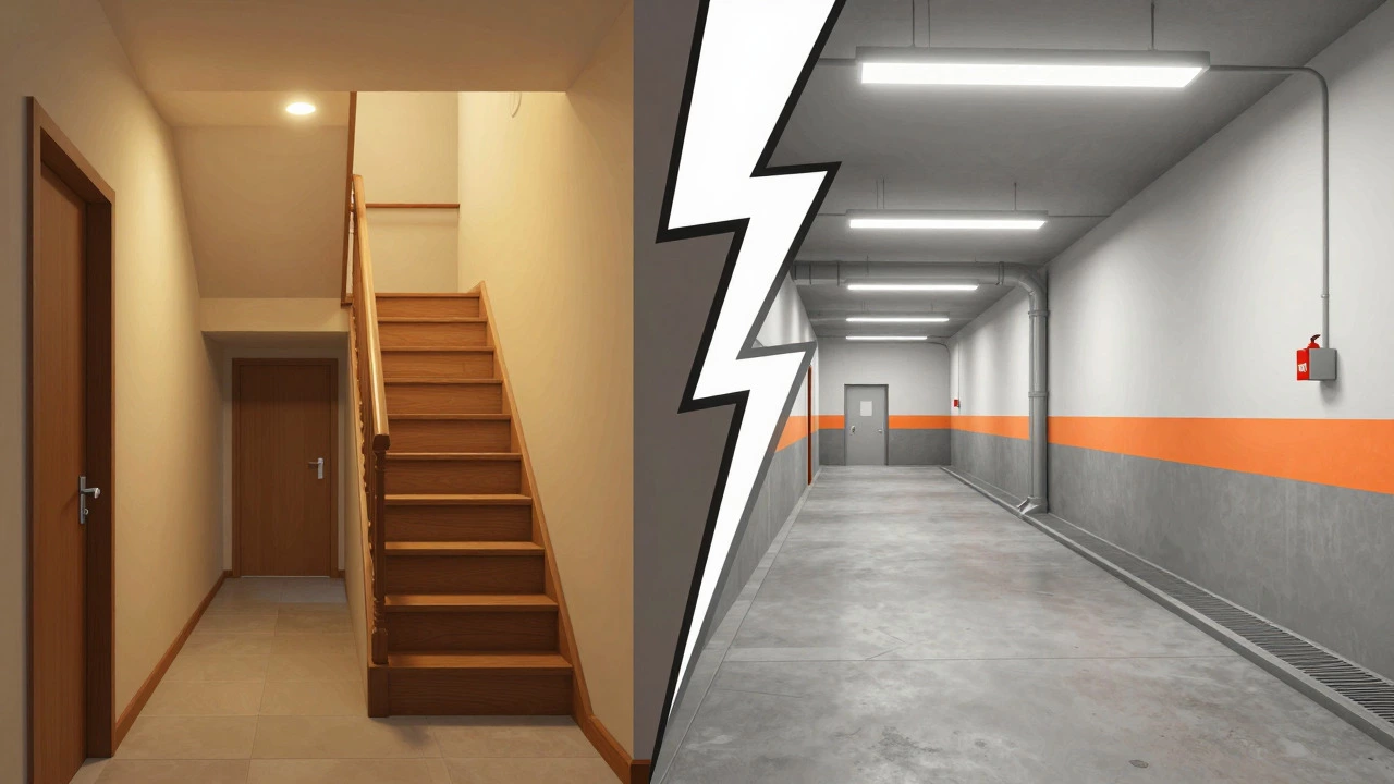 Split view comparing narrow residential hallways with wide, code-compliant commercial corridors.