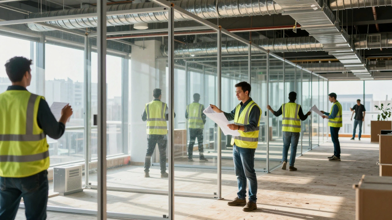 Workers installing glass partitions in a modern commercial office build.
